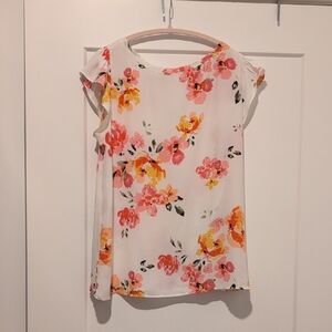 LOFT White Blouse with Pink and Orange Floral Design